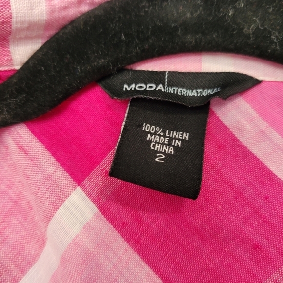 Moda International 100% Linen Plaid Shirt Pink Dress Size 2 - Picture 7 of 7